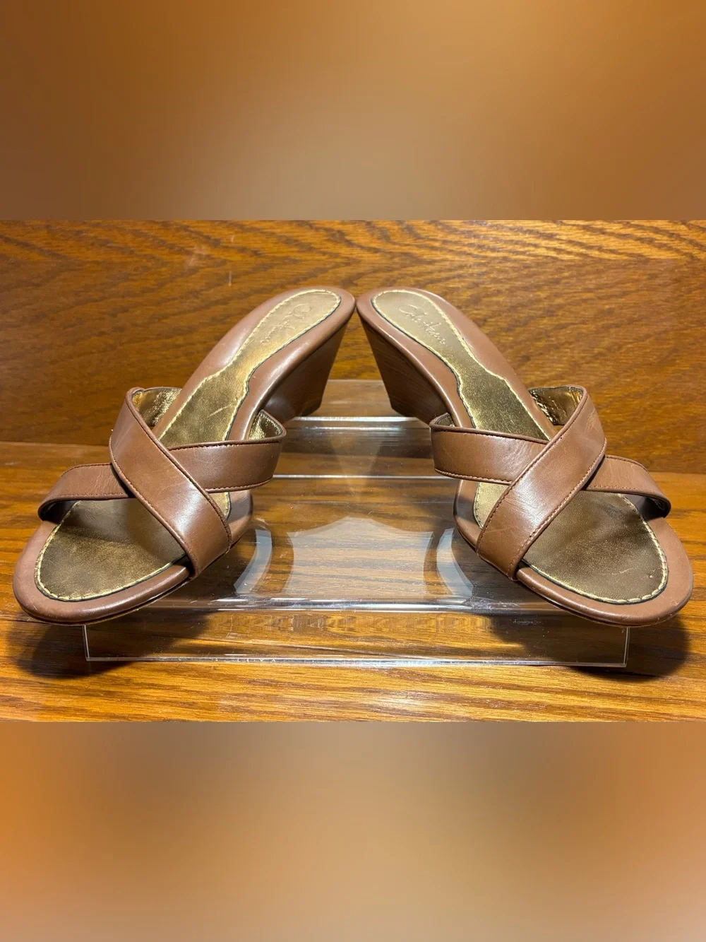 Y2K VTG Cole Haan Leather Cross Strap Medallion Wedge Slide Sandals Tan Sz 7